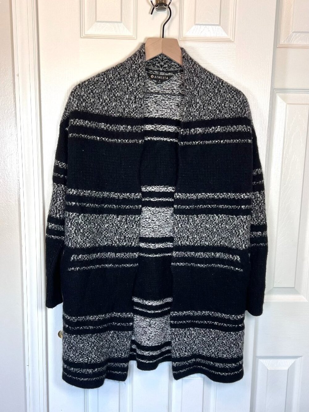 Athleta Wool/ Cashmere Blend Striped Open Cardigan Black and Grey Stripes Size S